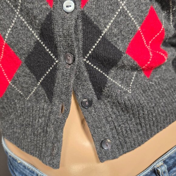 Y2K Argyle Lambs Wool Cardigan Size S Gray Fitted Preppy Academia Emo Punk 2000s - Picture 3 of 9